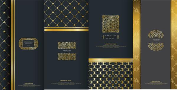 مجموعه ای از عناصر طراحی برچسب ها آیکون ها قاب ها برای بسته بندی طراحی محصولات لوکس ساخته شده با فویل طلایی جدا شده بر روی زمینه سیاه تصویر برداری
