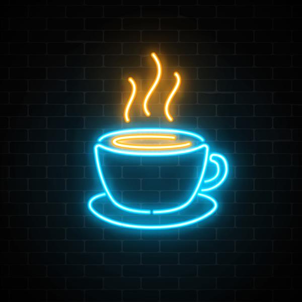 نماد فنجان قهوه نئون درخشان در پس زمینه دیوار آجری تیره اثر نور نوشیدنی گرم یا تابلوی کافه تصویر برداری
