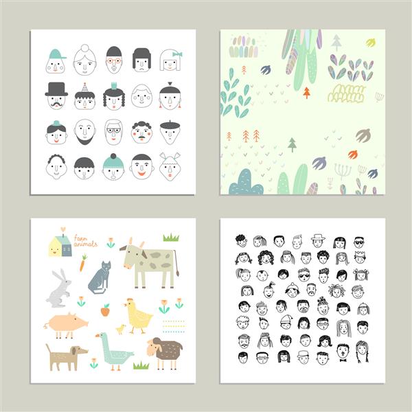 مجموعه ای از کارت های زیبا و خنده دار مجموعه وکتور کارتون چهره ها و حیوانات خنده دار مختلف