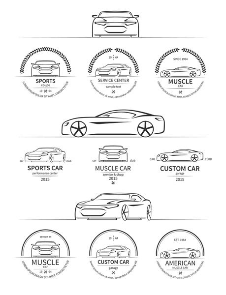 مجموعه ای از سرویس های اتومبیل ورزشی باشگاه فروشگاه برچسب های گاراژ نشان ها نشان ها و عناصر طراحی به سبک جذاب که در پس زمینه سفید وجود دارد تصویر برداری