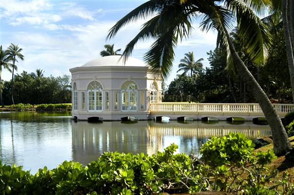 نمازخانه عشق در جزیره کاوویی بازتاب در آبهای ساکن تالاب آسمان های آبی و درخت نخل خمیده