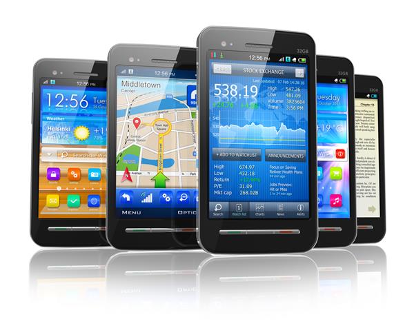 مجموعه ای از تلفن های هوشمند صفحه نمایش لمسی مدرن با برنامه های کاربردی در صفحه نمایش های جدا شده روی پس زمینه سفید با جلوه بازتاب