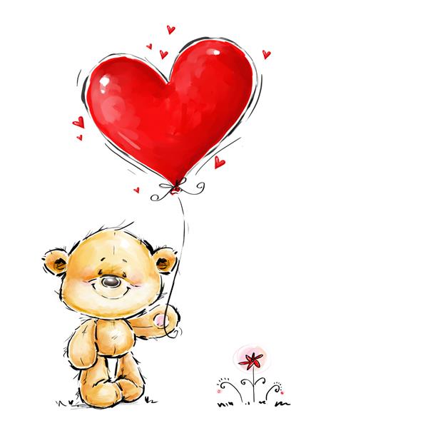 عروسک خرسی ناز عاشق بالون بزرگ قلب قرمز است طرح کارت پستال روز ولنتاین تصویر اعتراف عاشقانه