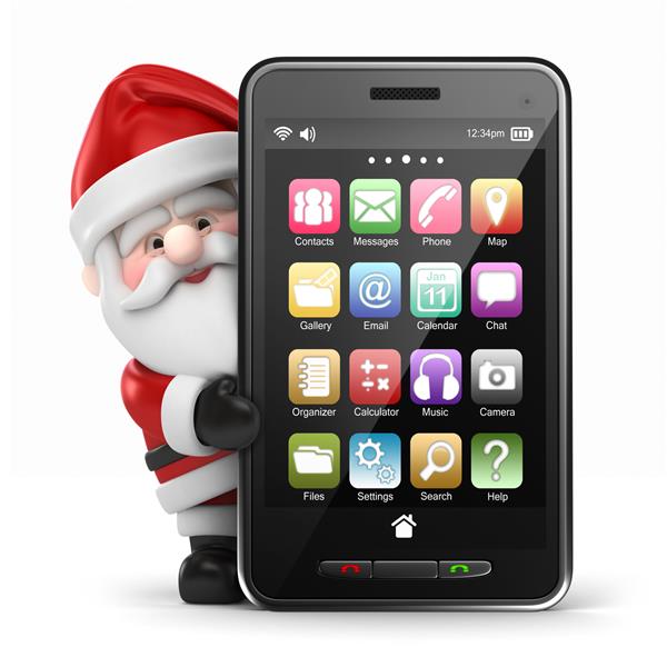 رندر سه بعدی بابانوئل که یک تلفن هوشمند بزرگ در دست دارد
