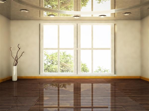 صحنه طراحی داخلی با پنجره بزرگ و گلدان