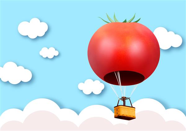 بالن هوای گرم گوجه فرنگی سه بعدی که در آسمان آبی و ابری شناور است