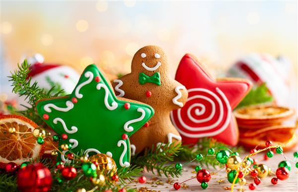 مفهوم جشن با کلوچه های شیرینی زنجفیلی کریسمس شاخه های صنوبر و ادویه های زمستانی