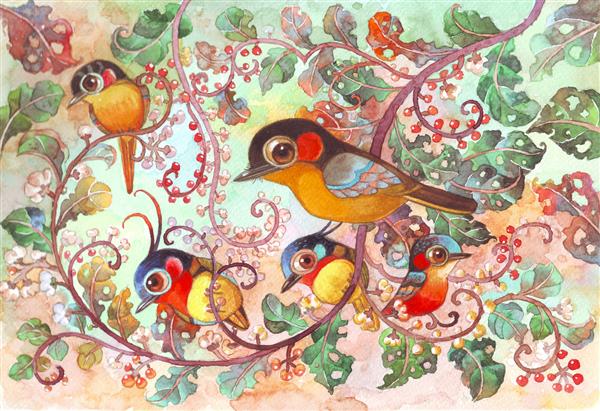 خانواده شیرین در جنگل دست نقاشی آبرنگ ساخت برای کارت تبریک تصویر کتاب کودک تصویر زمینه تصویر طراحی پرندگان طرح الگو پس زمینه