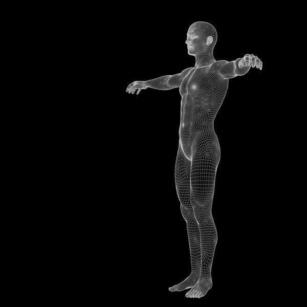 مفهوم با وضوح بالا یا یک مرد یا مرد سه بعدی مفهومی که بر روی پس زمینه سیاه ایستاده استعاره ای از آناتومی بدن زیست شناسی پزشکی عضله مش عضله تشریحی علوم آموزش ورزش یا اشعه ایکس