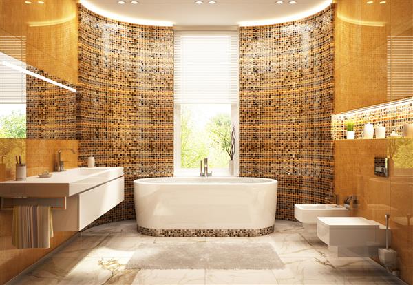 طراحی داخلی حمام موزاییکی رندر سه بعدی