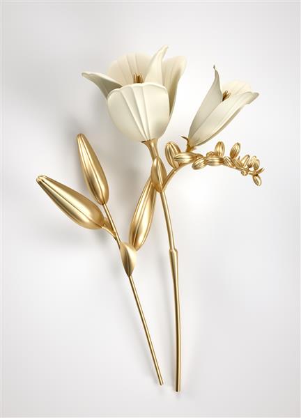 3D عناصر طراحی برگ و گل طلایی را ارائه دهید عناصر دکوراسیون برای کریسمس خانه دعوت کارت عروسی روز ولنتاین کارت تبریک گیاهان طلا که در پس زمینه سفید قرار دارد