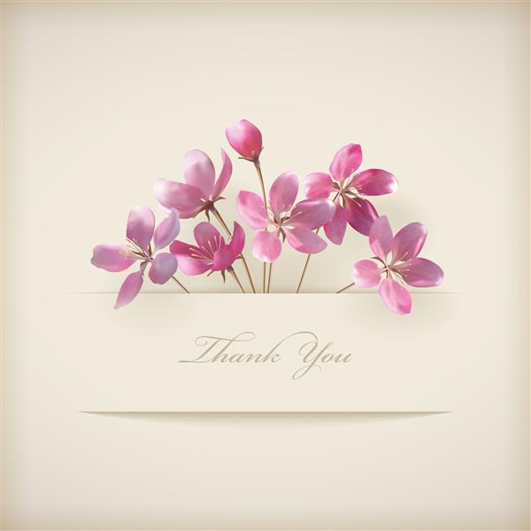 گل و متشکرم کارت با گل های زیبا صورتی به رنگ بنر و بنر در زمینه ظریف بژ به سبک مدرن مناسب برای طراحی عروسی
