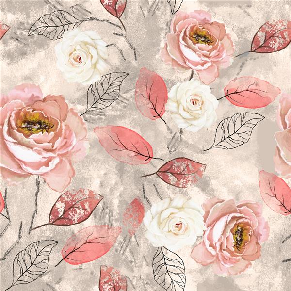 الگوی یکپارچه با گل و برگ پس زمینه گل برای کاغذ دیواری کاغذ و پارچه آبرنگ های جذاب با گل های رز صورتی در زمینه خاکستری کاشی