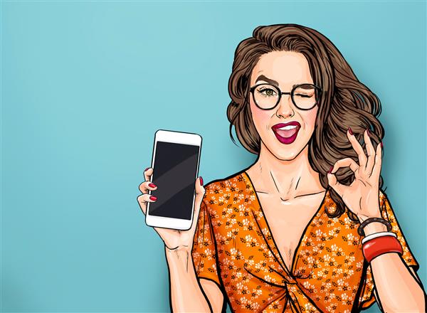 چشمک زن با عینک نشان دادن ضخامت هوشمند و علامت دختر پاپ آرت که تلفن را در دست دارد تبلیغات دیجیتال مدل زن که پیام یا برنامه جدید را روی تلفن همراه نشان می دهد