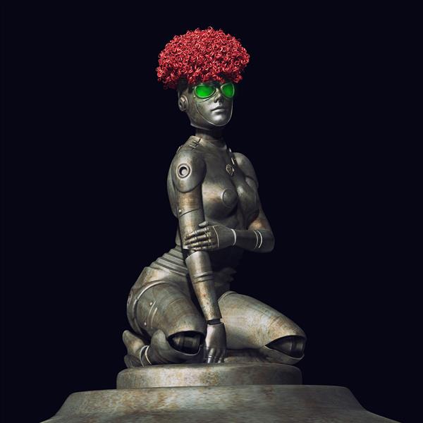 زن سایبورگ مد با موهای قرمز بر زمینه سیاه آینده نگری برش خورده تصویر سه بعدی