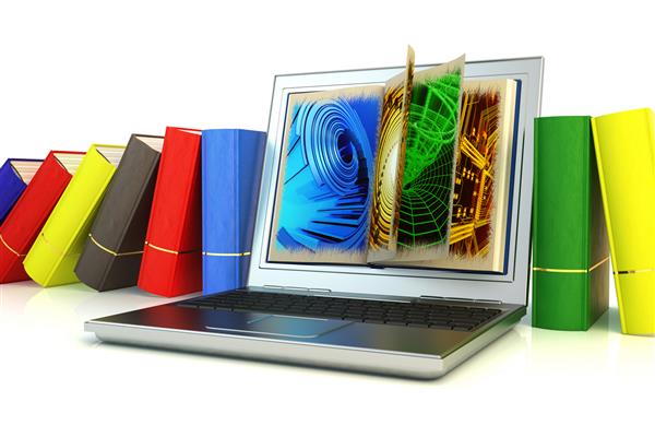لپ تاپ مدرن بین کتاب ها رایانه به عنوان مخزن الکترونیکی اطلاعات موجود در تعداد زیادی کتاب