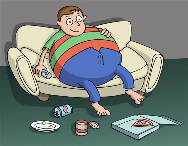 مردی بسیار اضافه وزن روی کاناپه نشسته و یک ریموت در دست آبجو پیتزا و سایر مواد غذایی را روی زمین نگه داشته است کارتون نیمکت سیب زمینی