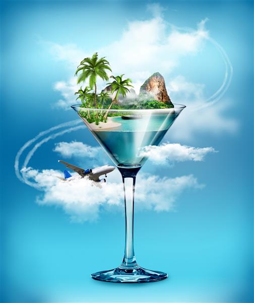شیشه ای با ساحل جزیره گرمسیری با آب دریا و درختان نخل و هواپیماهایی که در اطراف آن در ابرها پرواز می کنند مفهوم سفر عجیب و غریب طراحی هنری تصویر شطرنجی