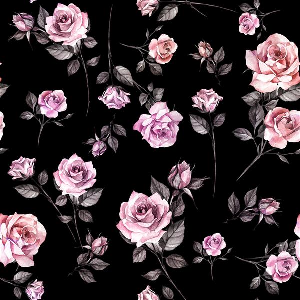 الگوی گل یکپارچه با گل رز و برگ دست آبرنگ تصویر و زمینه گیاه شناسی