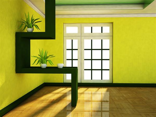 یک اتاق با یک پنجره بزرگ و گیاهان در قفسه ها