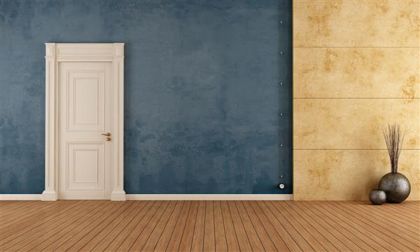 اتاق جذاب آبی خالی با درب قدیمی و پانل بتونی - ارائه