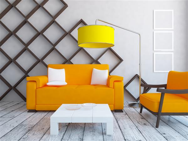 فضای داخلی سفید خوب یک اتاق با مبلمان نارنجی