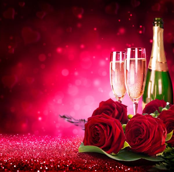 روز ولنتاین درخشان با شامپاین و گل رز