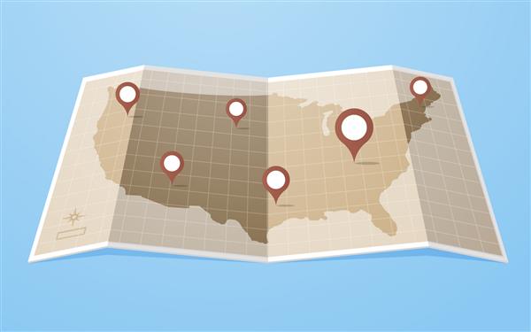 نقشه مسطح ایالات متحده آمریکا با نشانگرهای GPS تصویر وکتور لایه ای فایل