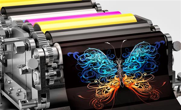 دستگاه چاپی که چاپ انتزاعی پروانه را نشان می دهد