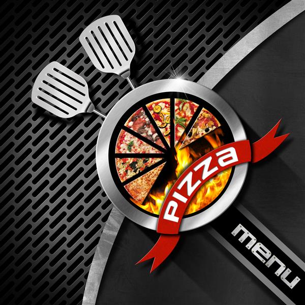 طراحی منوی پیتزا با نماد فلزی پیتزا گرد روی زمینه فلزی تیره با ظروف کبابی و آشپزخانه