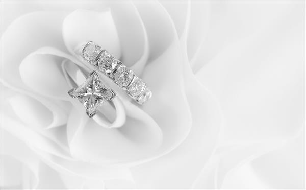 حلقه های عروسی الماس زیبا در پس زمینه سفید با فضای کپی