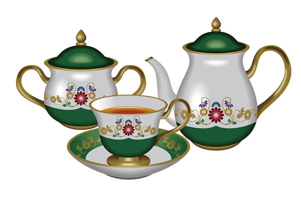 تصویر قوری قابلمه قند و لیوان رنگ سبز چای چای گیاهی چای اولانگ