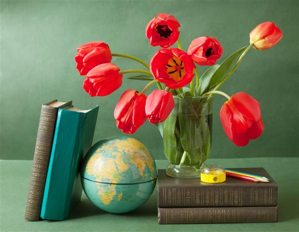 روز معلم جهانی زندگی هنوز با دسته لاله ها توده کتاب کره زمین و مداد در زمینه هنری