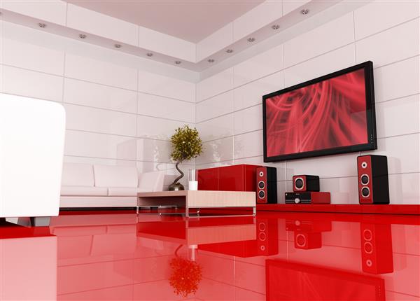 اتاق نشیمن قرمز و سفید با سینمای خانگی تصویر روی صفحه تلویزیون