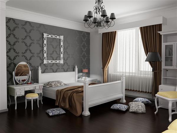 داخلی اتاق خواب مدرن به سبک کلاسیک رندر سه بعدی