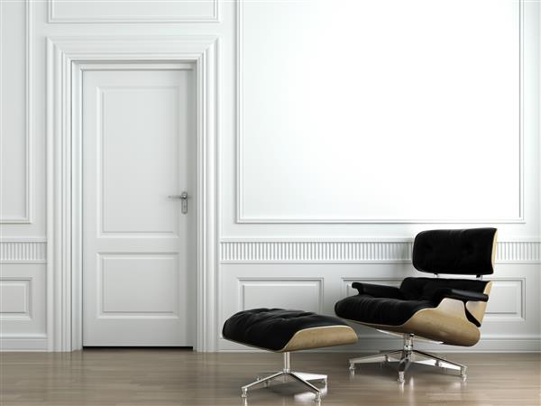 صحنه سه بعدی صندلی چرمی روی دیوار داخلی کلاسیک سفید