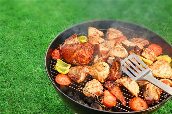 گوشت خوک و مرغ سوخاری متنوع با سبزیجات روی کوره ذغالی داغ همراه با دود