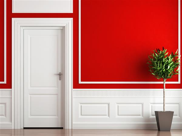 طراحی داخلی اتاق کلاسیک در رنگ های قرمز و سفید با گیاه