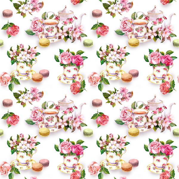 الگوی چای با گل شکوفه گیلاس گل رز در فنجان چای کیک ماکارون و قابلمه چای آبرنگ پس زمینه بدون درز