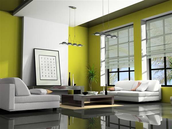 فضای داخلی منزل با مبل ها بصورت سه بعدی سبز