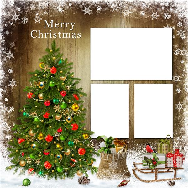 کارت تبریک کریسمس با قاب درخت کریسمس و هدیه