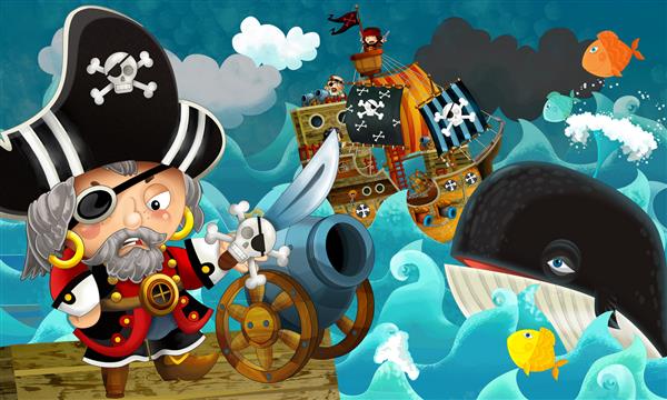 صحنه کارتون با کاپیتان دزدان دریایی - پس زمینه - تصویرگری برای کودکان