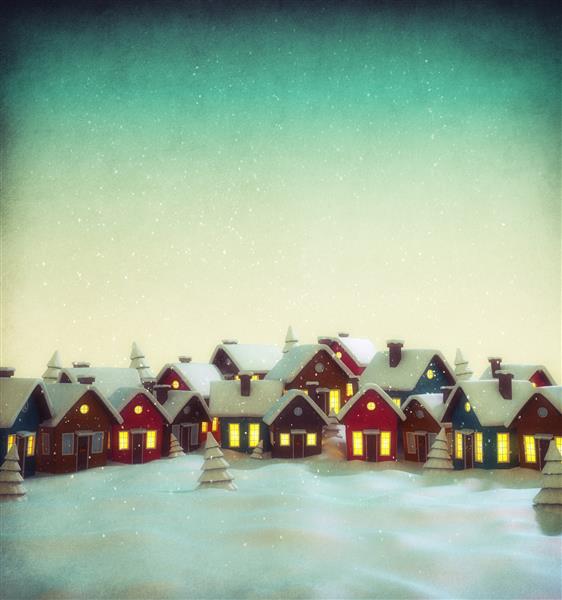 یک شهر کوچک پری زیبا با خانه های کارتونی در زمستان ت