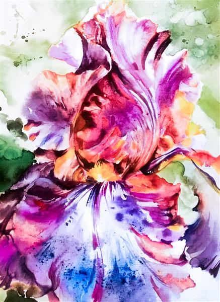 گل زیبا - روشن و رنگارنگ در تن های سرد آبرنگ روی کاغذ