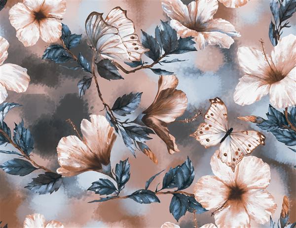 طرح دستی بدون رنگ گل آبرنگ با گل ها و پروانه ها برای پارچه کاغذ دیواری