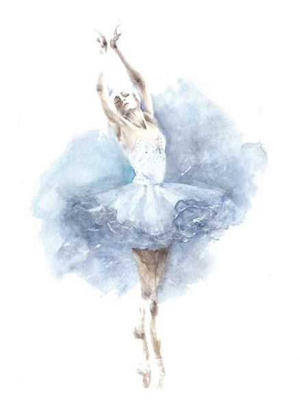 تصویرگری نقاشی با آبرنگ دختر رقاص بالرین که در پس زمینه سفید نشان داده شده است