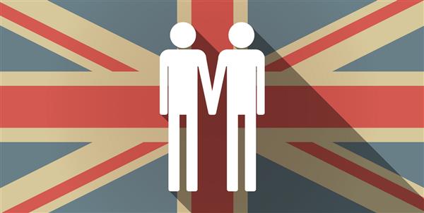 تصویر نماد پرچم انگلستان با سایه بلند با یک تصویر یک زن و شوهر همجنسگرا