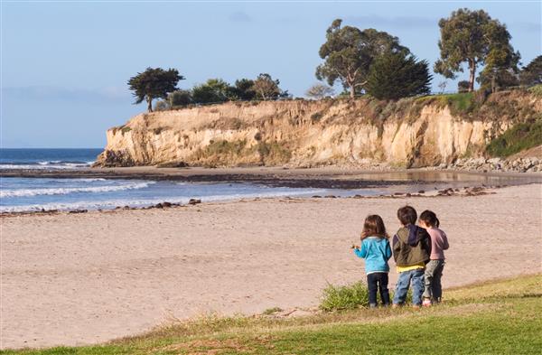سه کودک که به خط ساحلی اقیانوس آرام و استخرهای جزر و مدی در سانتا باربارا کالیفرنیا نگاه می کنند