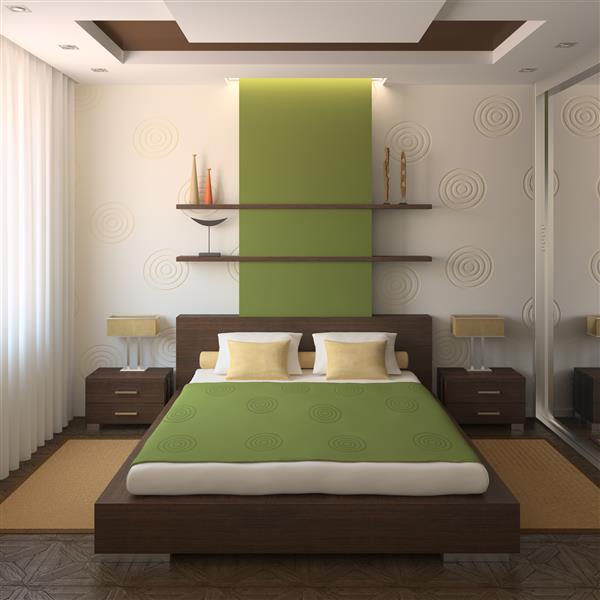 فضای داخلی اتاق خواب مدرن رندر سه بعدی