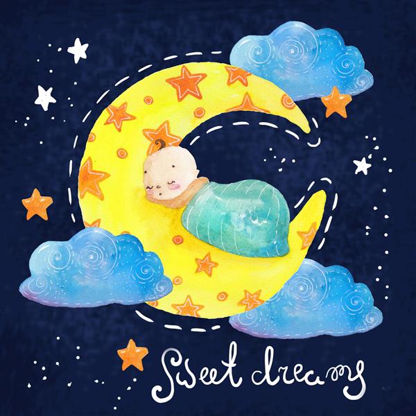 صحنه شب کارتون با ابر و ستاره زیبا تصویر رنگی